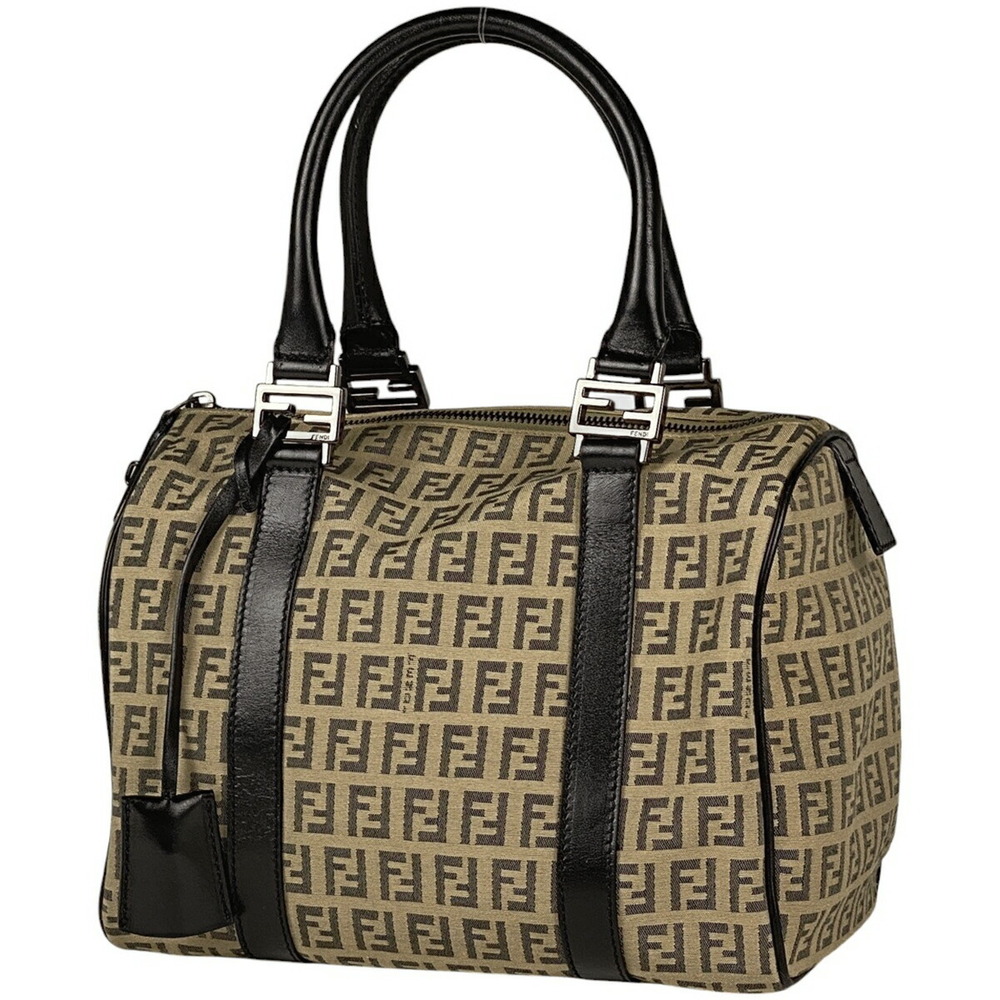 Fendi Zucchino Handbag Boston Canvas Beige Black